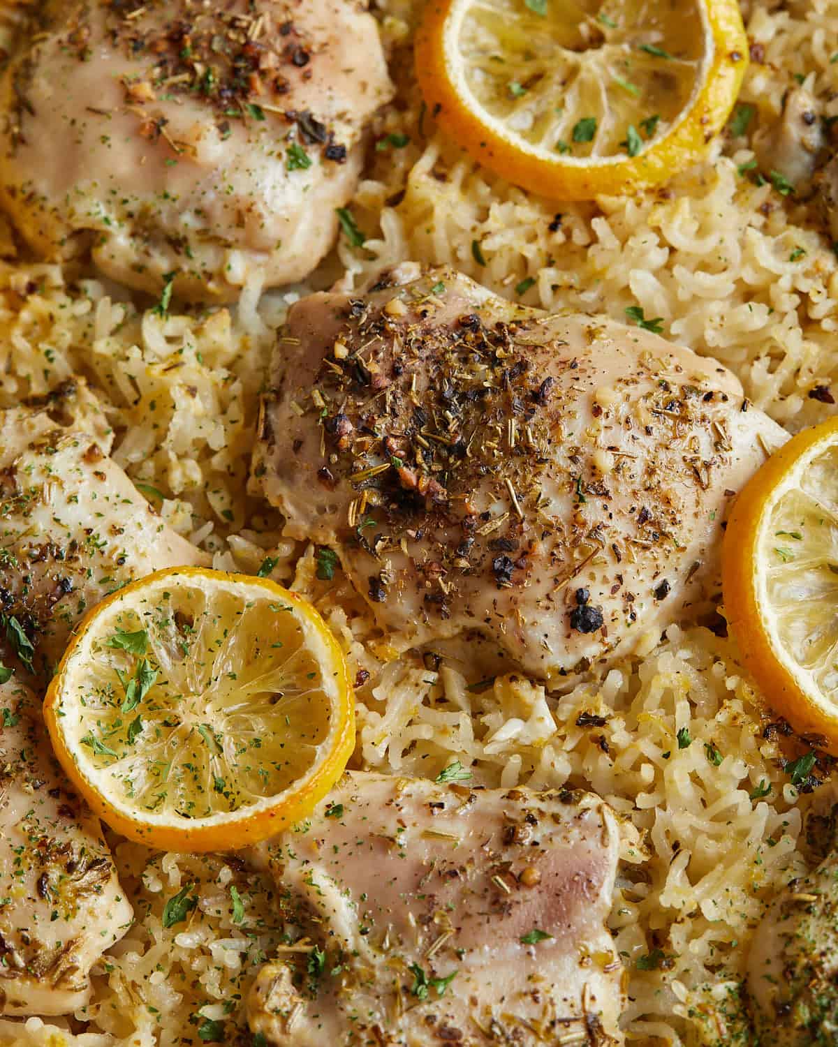 Up close image of baked lemon chicken and rice.
