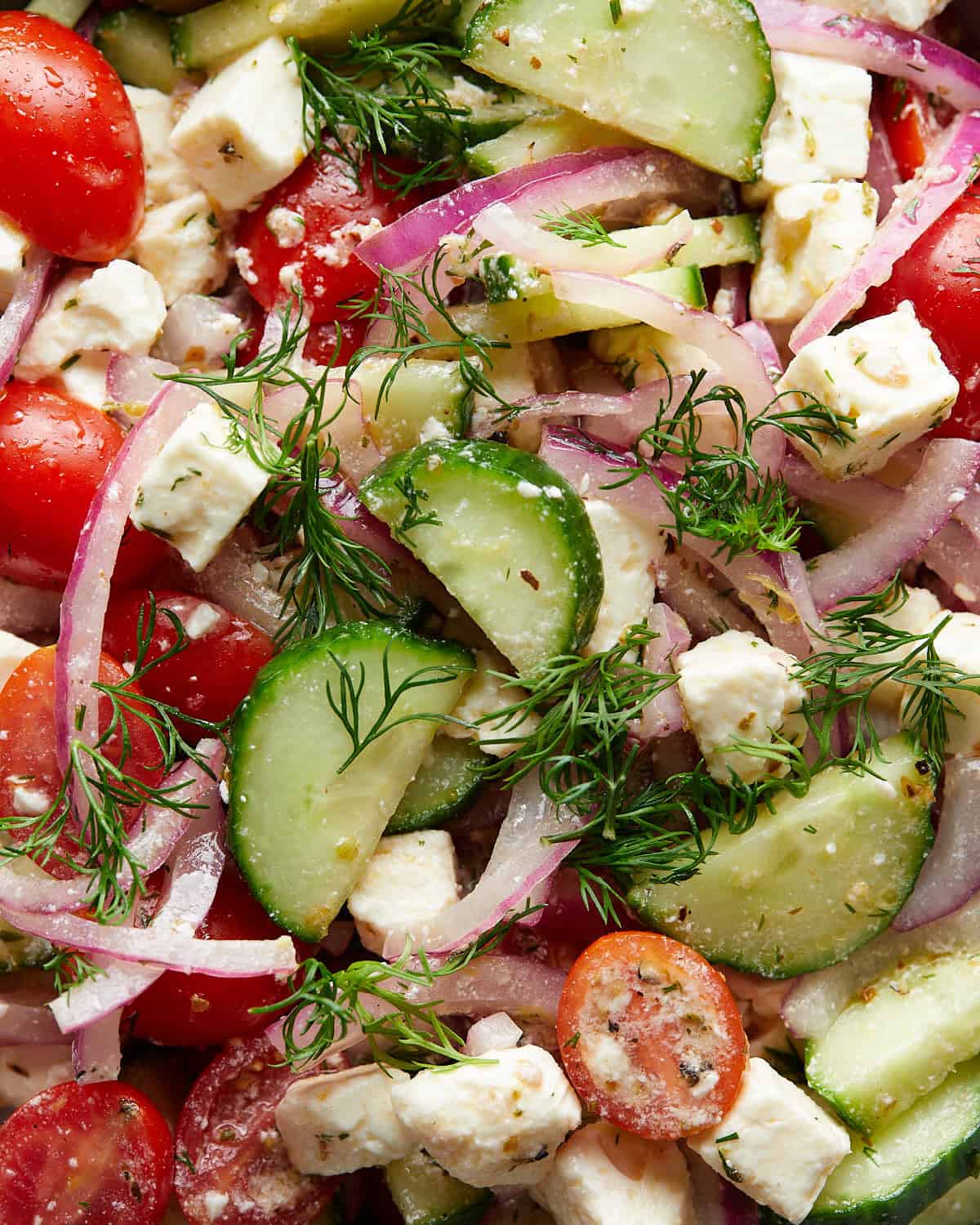 Up close image of cucumber tomato and feta salad recipe with garnish. 