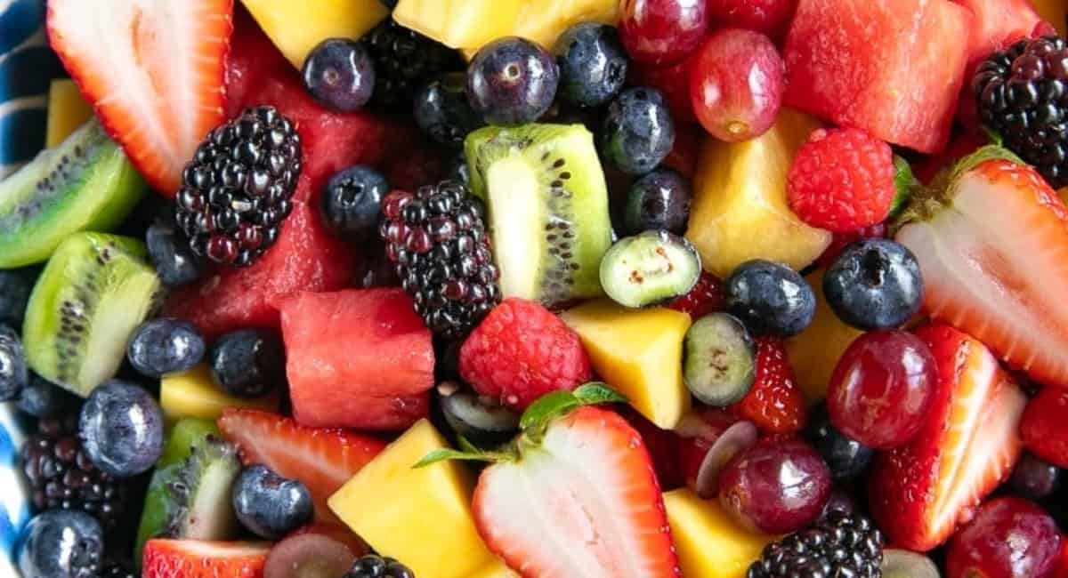 Up close overhead image of fruit salad recipe. 