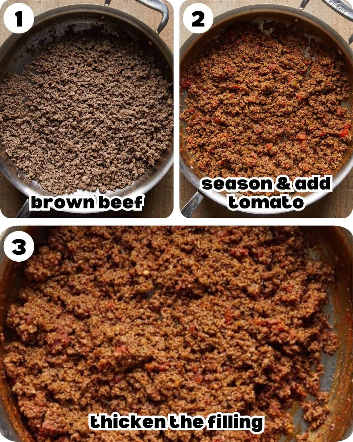 A three photo collage showing the steps for beef soft tacos. 