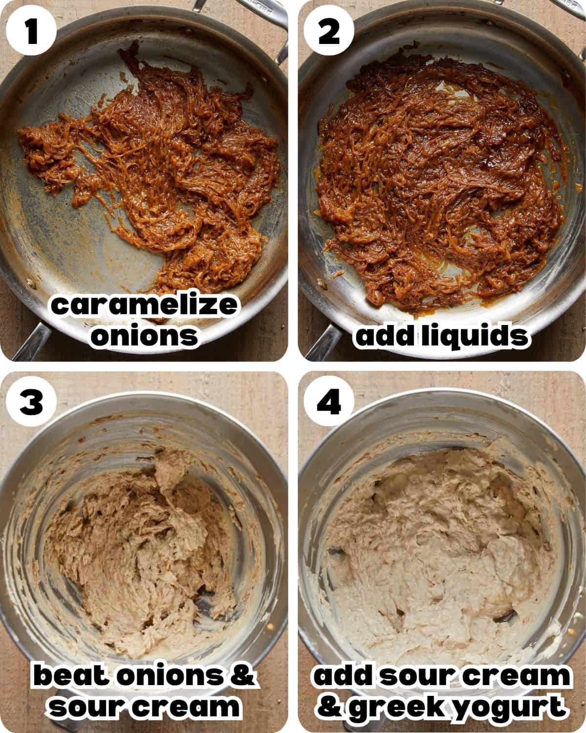 A four photo collage showing the steps for homemade caramelized french onion dip. 