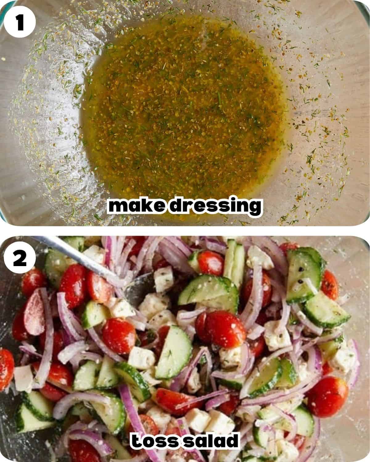 A two photo collage showing the steps for cucumber tomato and feta salad recipe. 