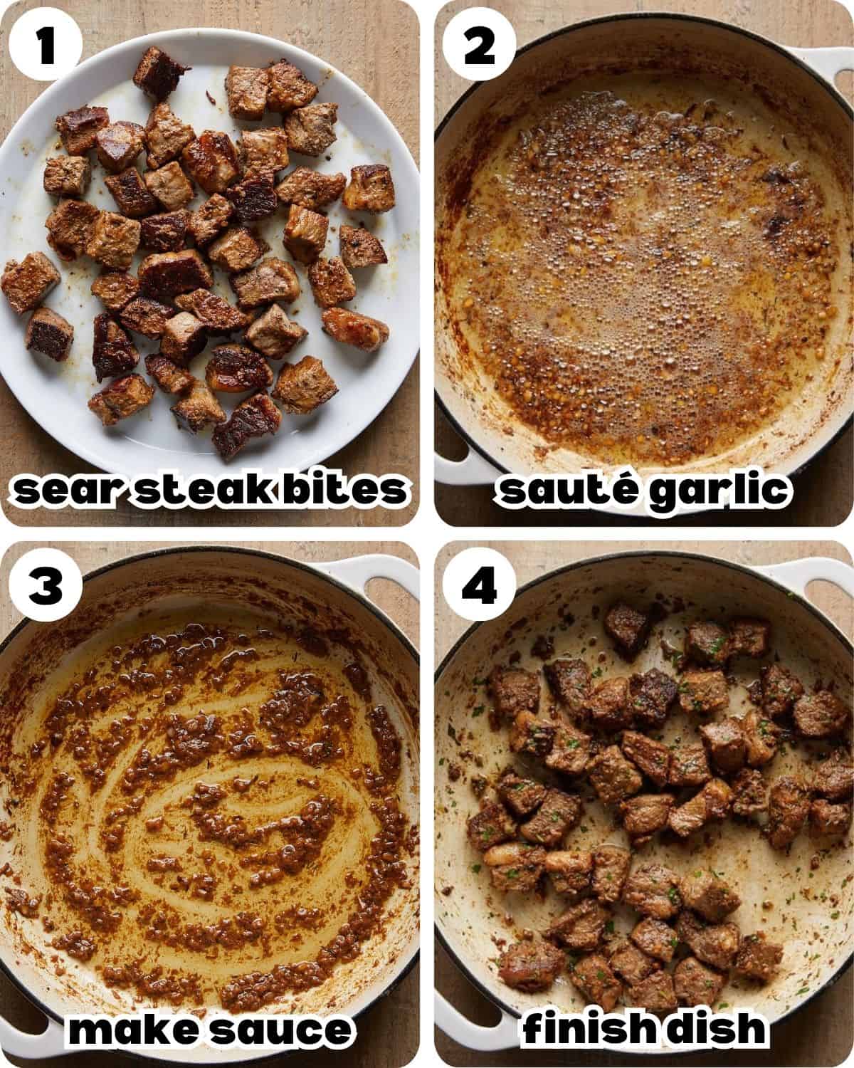 A four photo collage showing the steps for garlic butter steak bites.