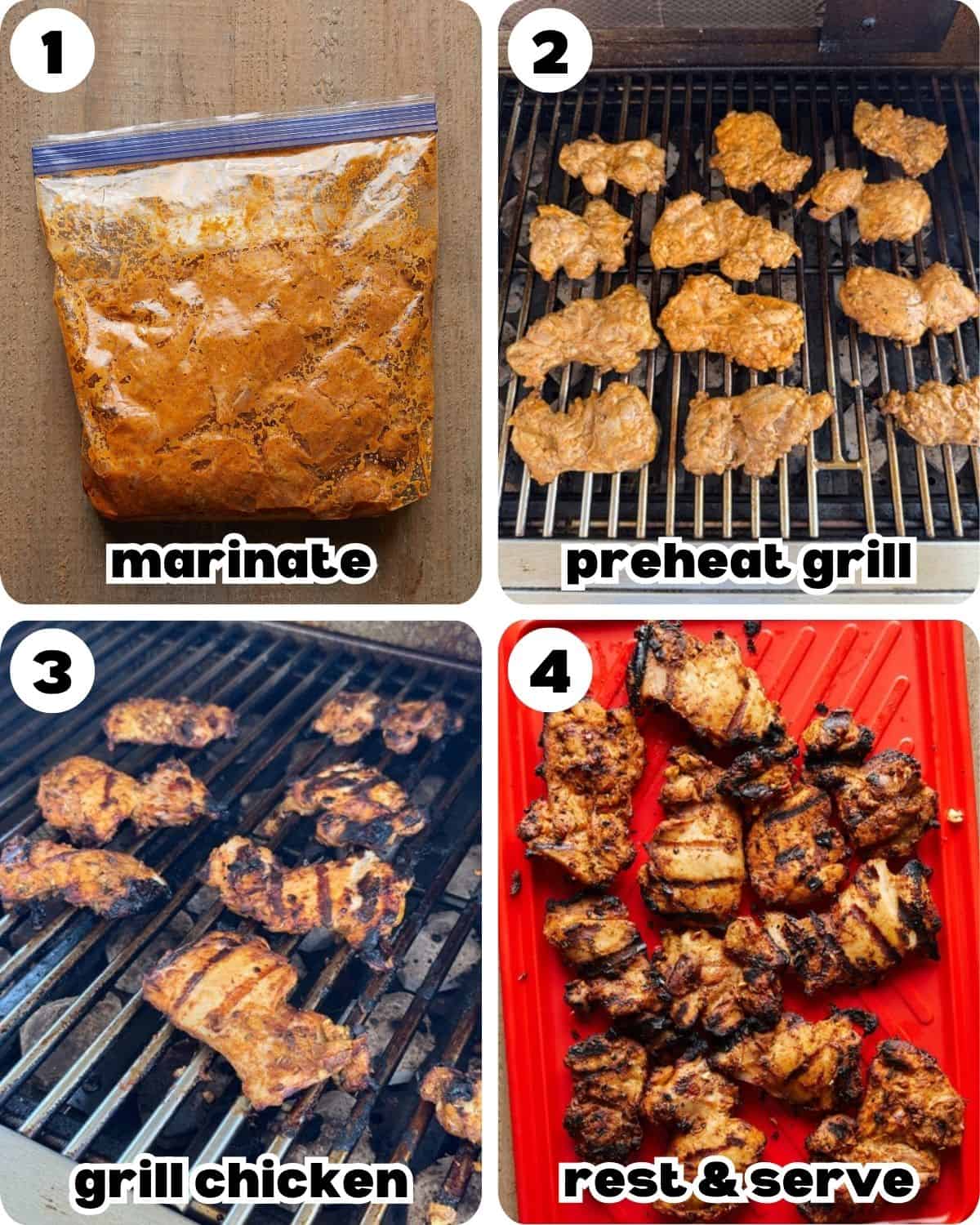 A four photo collage showing the steps for grilled boneless chicken thighs recipe. 