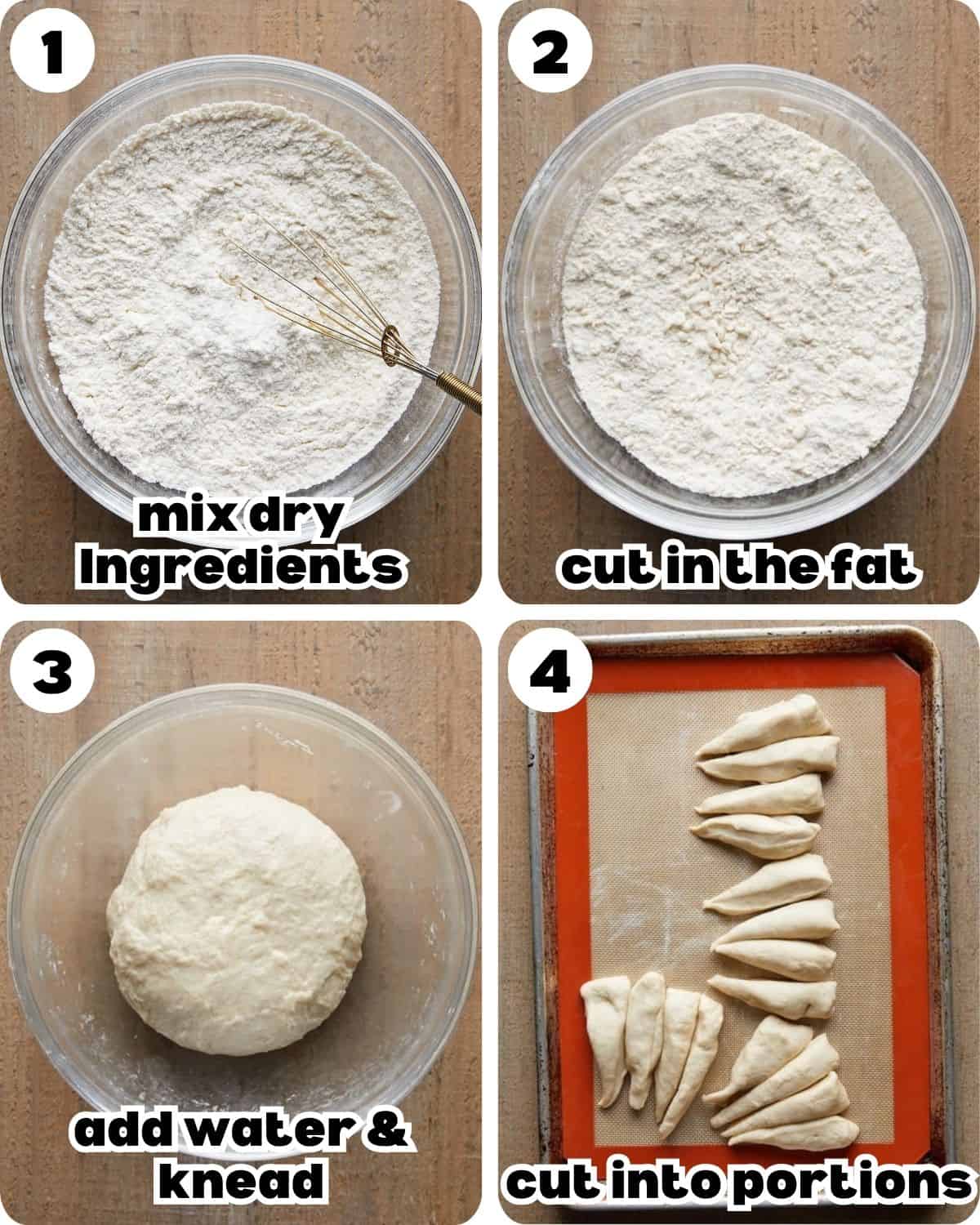 A 4 photo collage showing the beginning steps for homemade flour tortillas. 