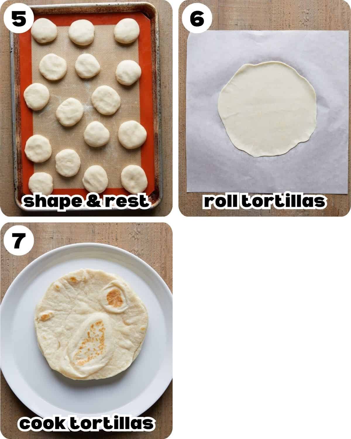 A 3 photo collage showing the final steps for homemade flour tortillas. 