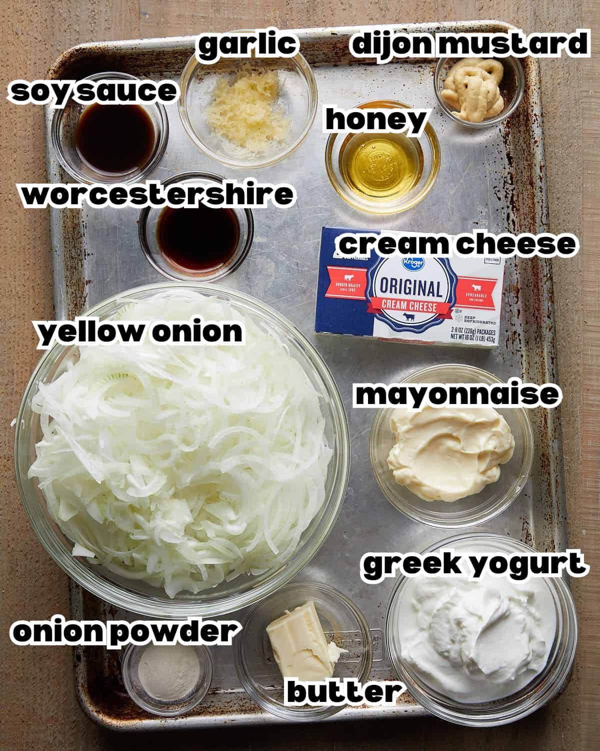 Overhead image of ingredients needed to make homemade caramelized french onion dip. 