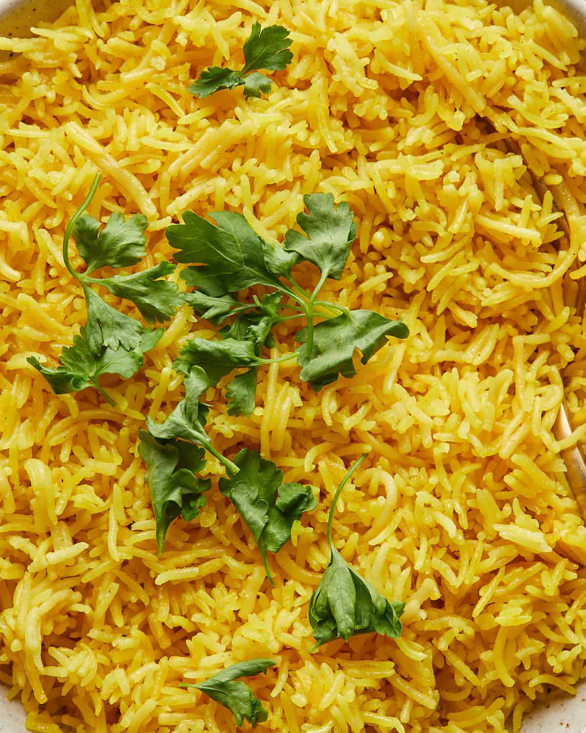 Up close overhead image of yellow rice recipe. 