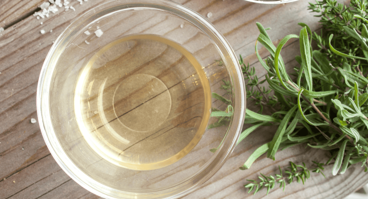 Overhead image of white wine vinegar. 