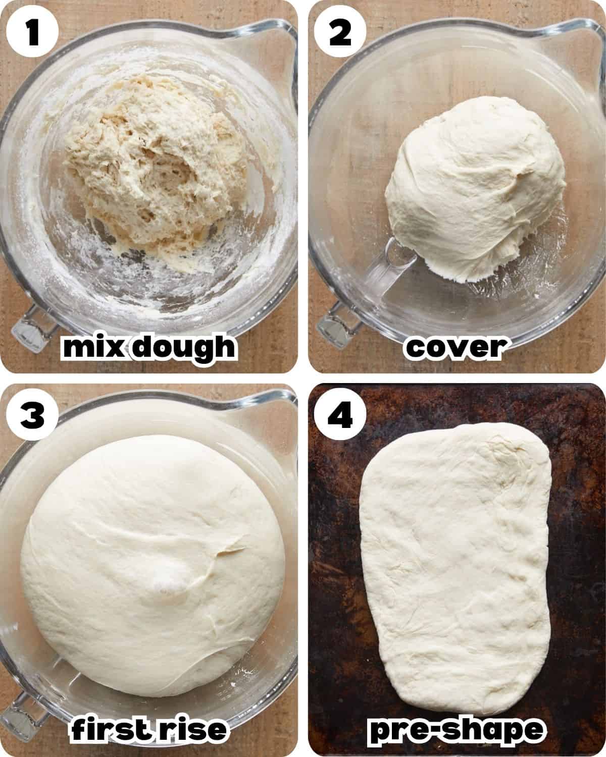 A four photo collage for first steps for French bread recipe.