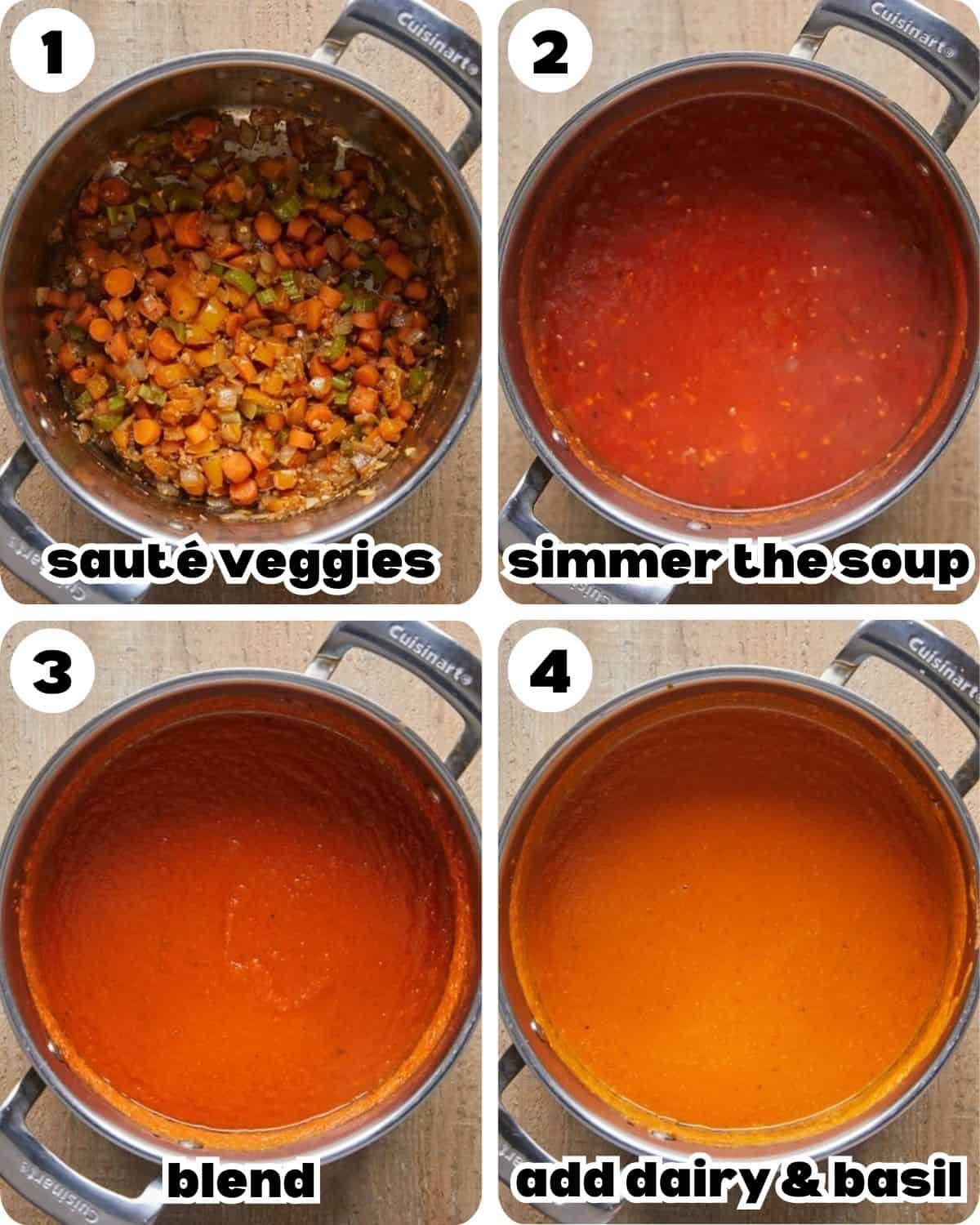 A four photo collage showing steps for creamy tomato basil soup.
