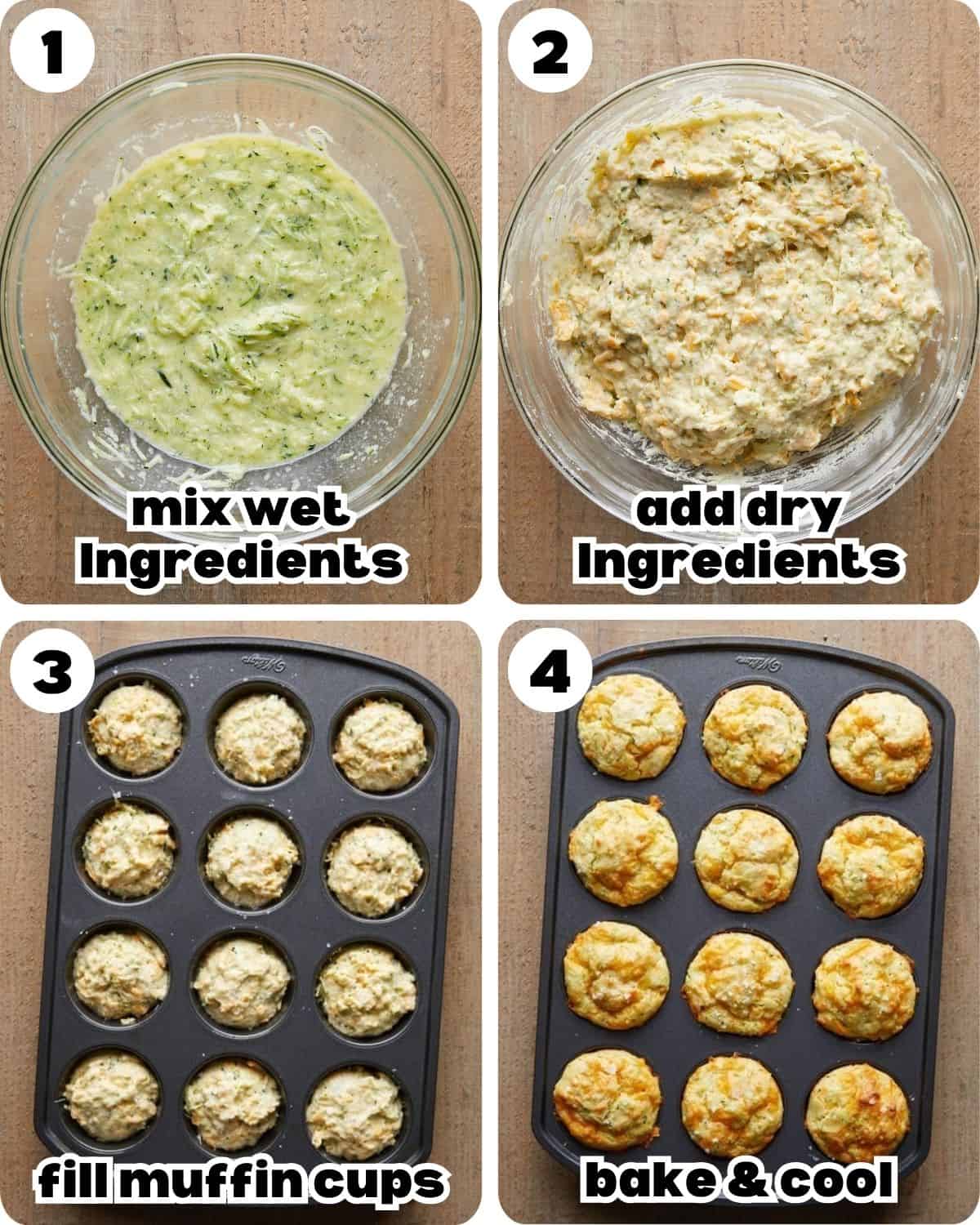 A four photo collage showing the steps for savory zucchini muffins.