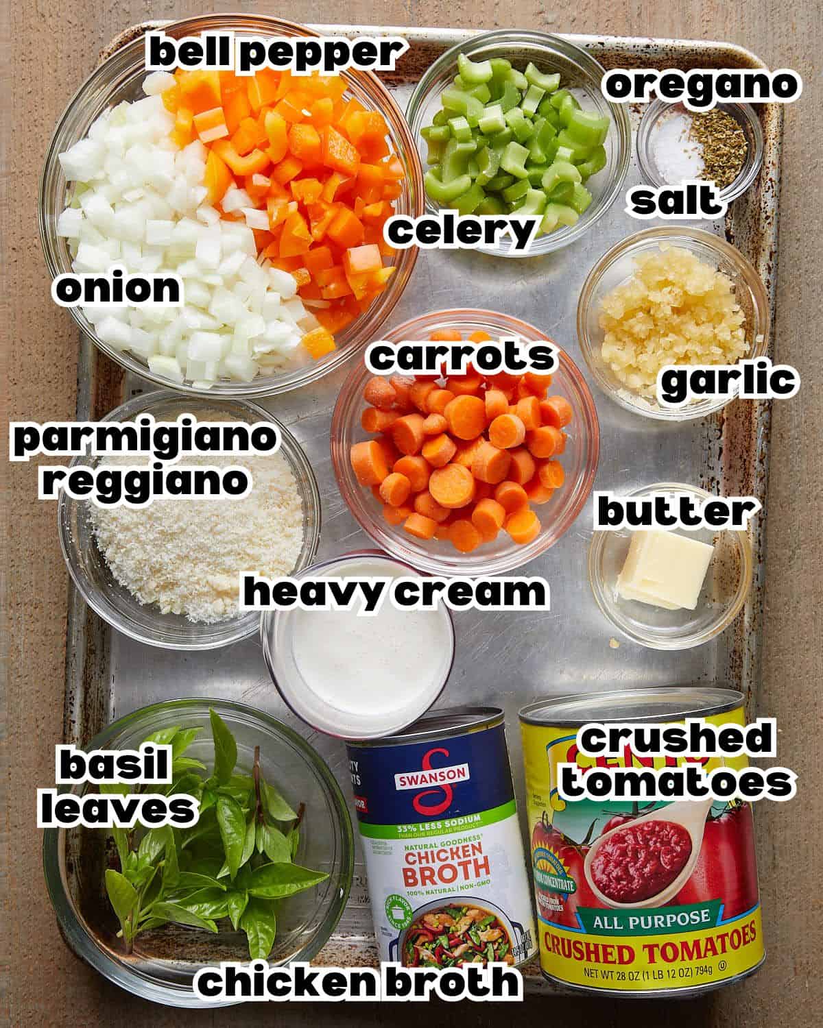 Overhead image of ingredients needed to make creamy tomato basil soup.