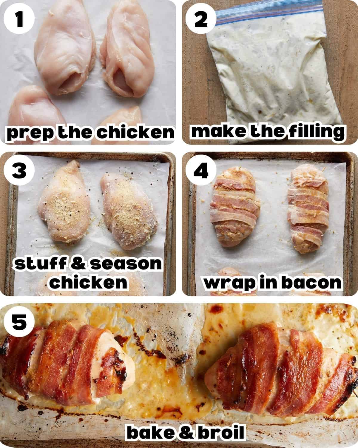 A five photo collage showing the steps for bacon wrapped stuffed chicken breasts.