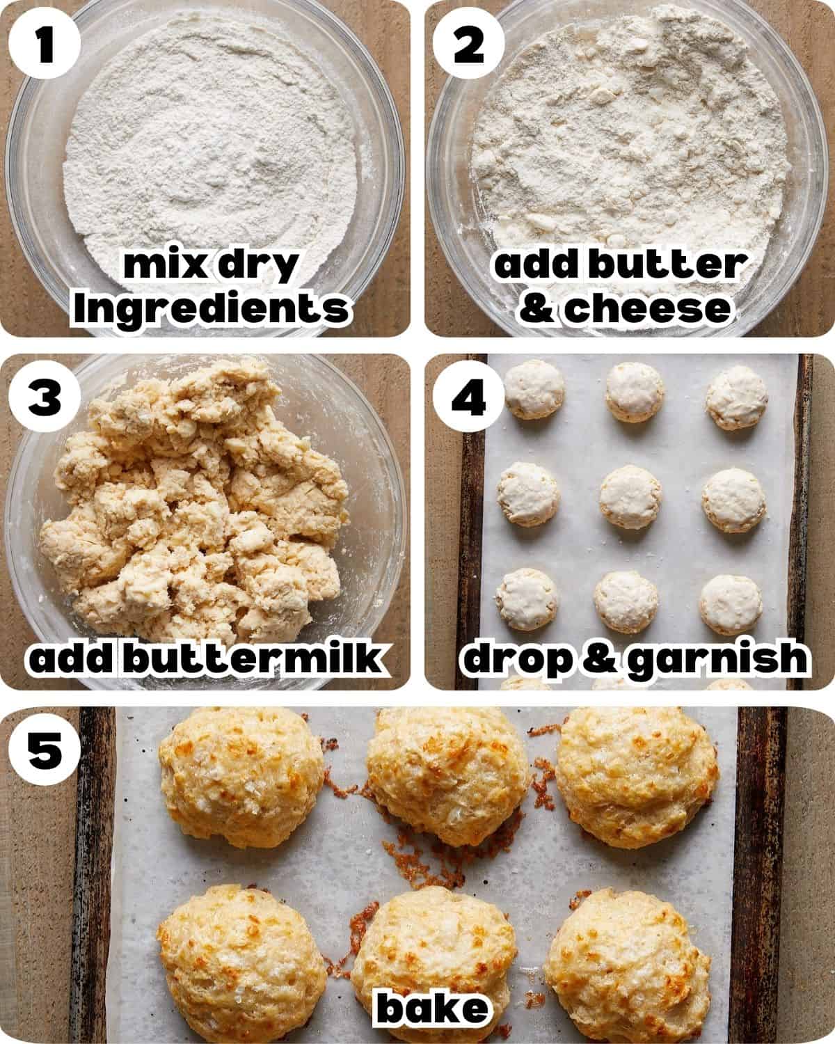 A five photo collage showing steps to make cheddar drop biscuits.