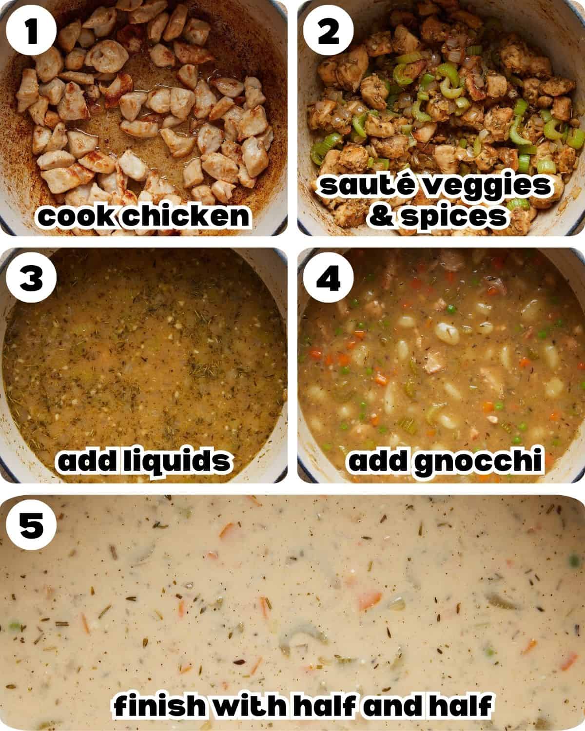 A five photo collage showing the steps for chicken and dumplings with gnocchi. 