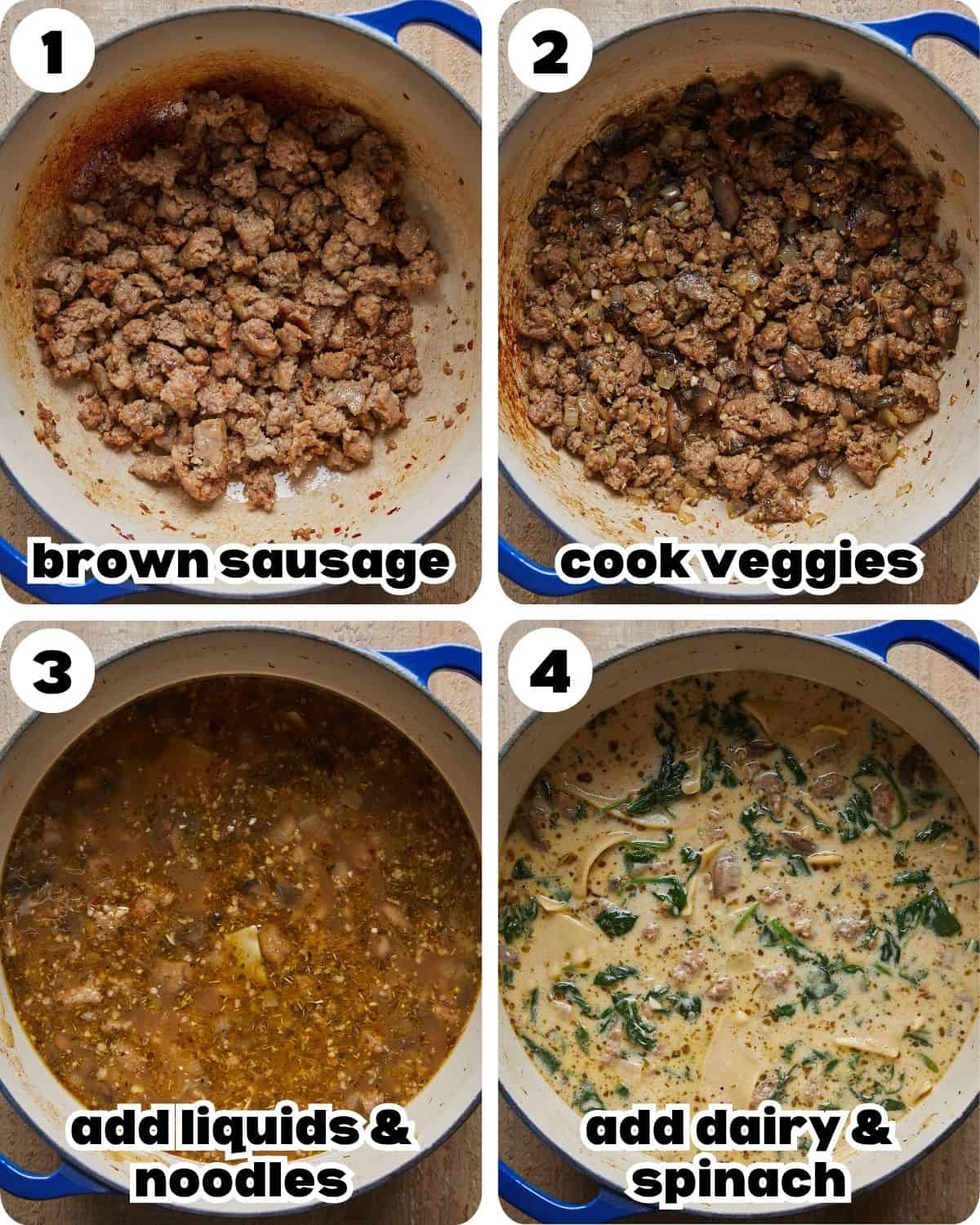 A four photo collage showing the steps for white lasagna soup. 