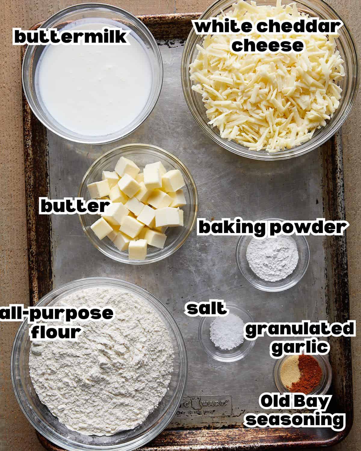 Overhead image of ingredients needed to make cheddar drop biscuits.