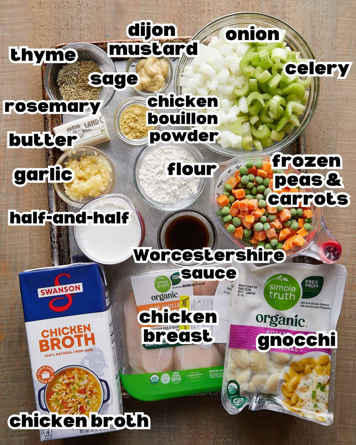 Overhead image of ingredients needed to make chicken and dumplings with gnocchi. 
