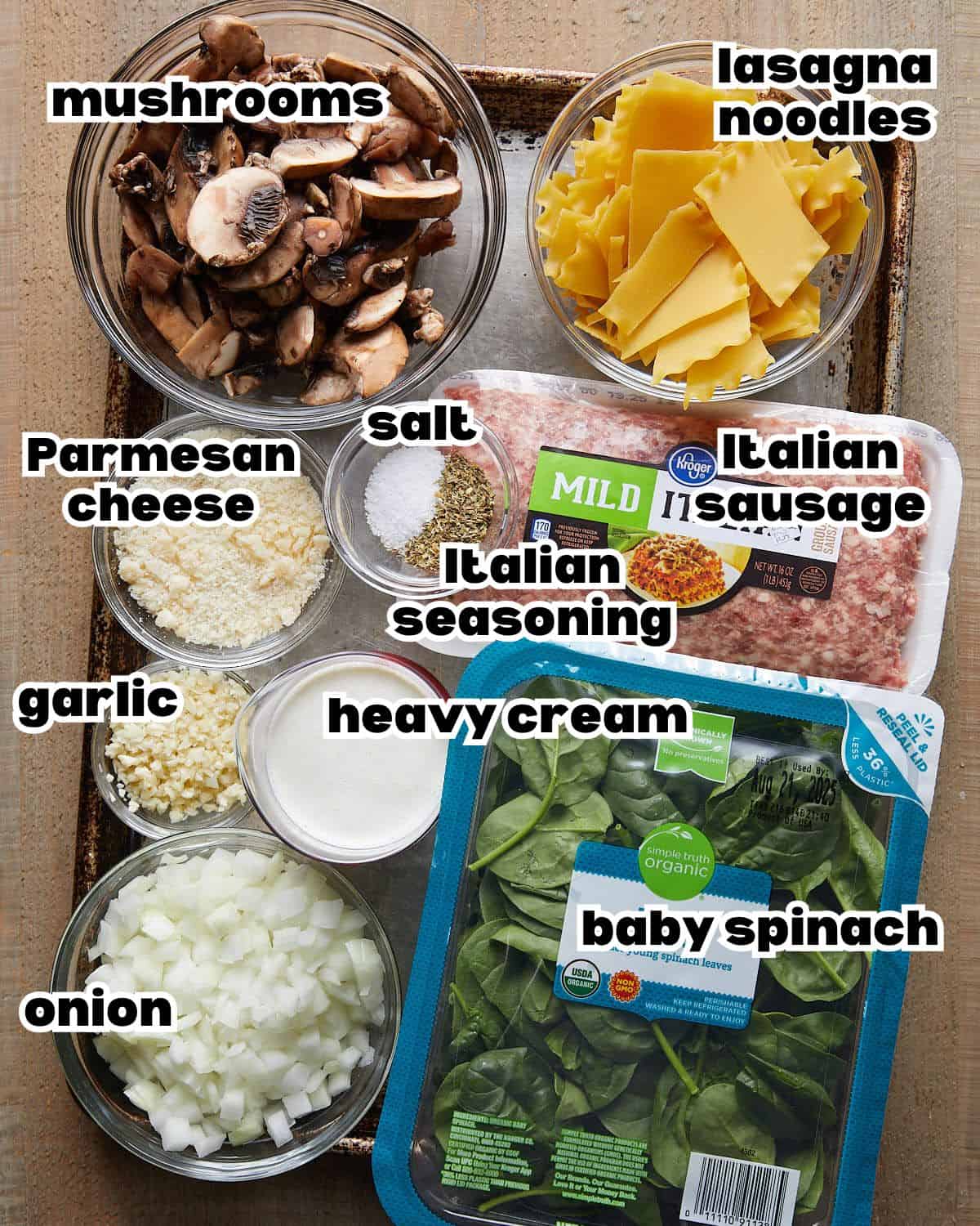 Overhead image of ingredients needed to make white lasagna soup. 
