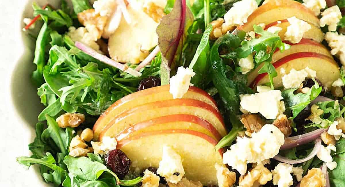 Overhead image of apple walnut salad. 
