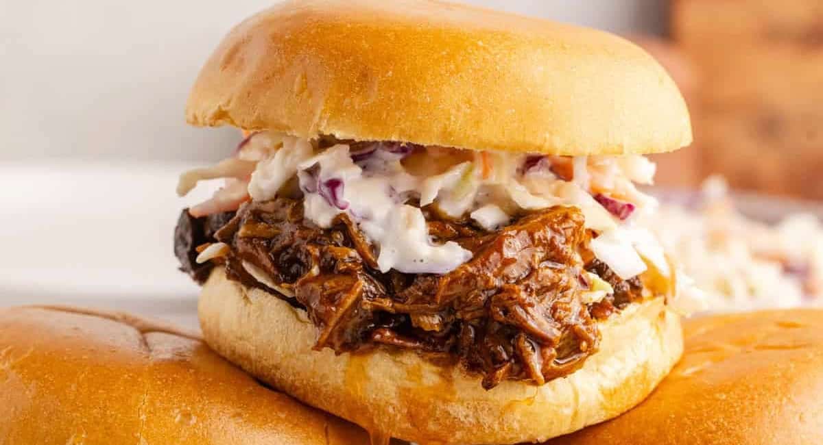 Up close image of bbq pulled pork slider. 