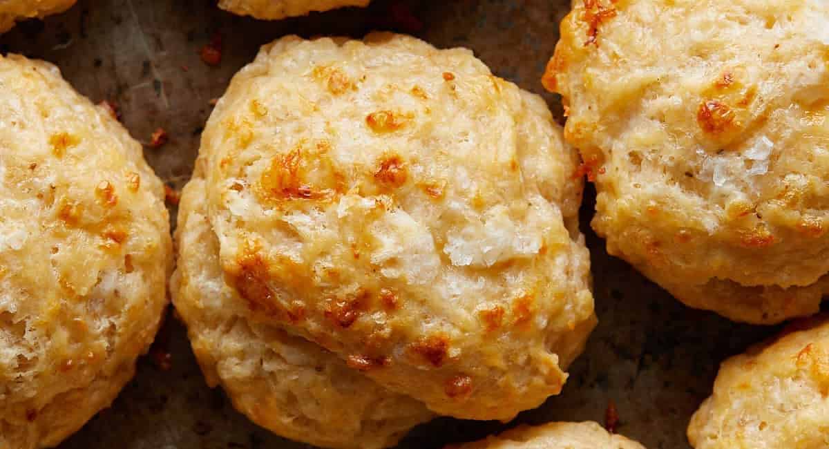 Overhead image of cheddar drop biscuits. 