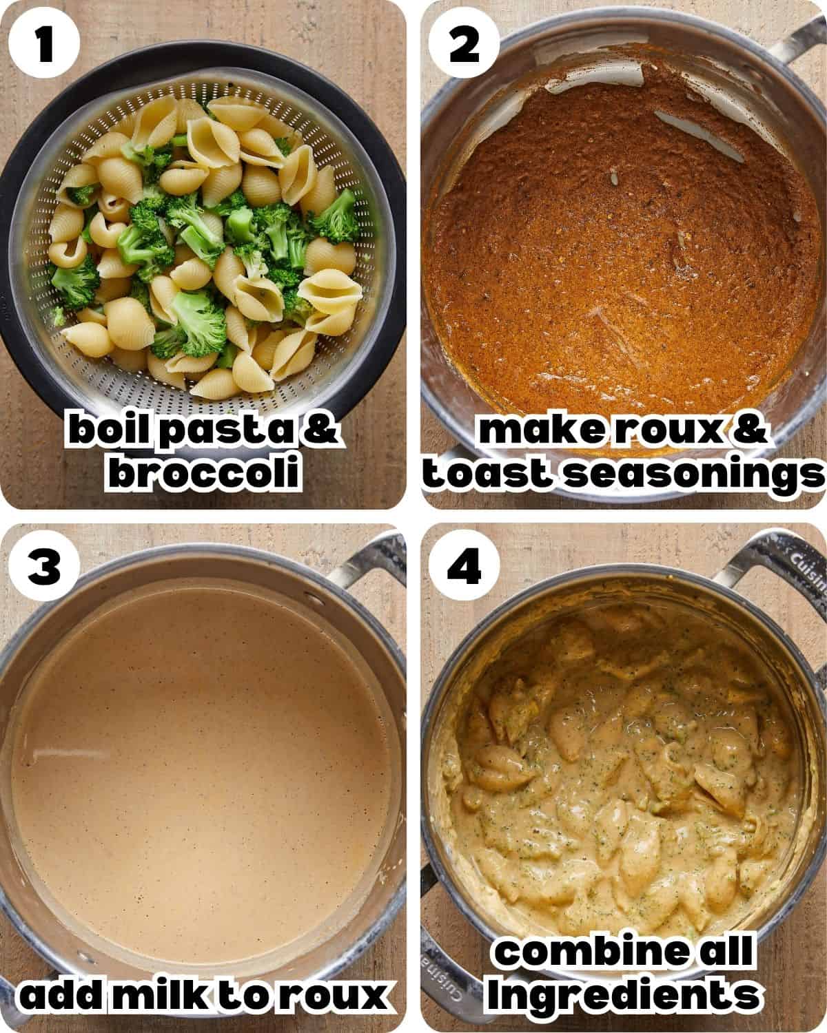 A four photo collage showing the steps for broccoli mac and cheese.