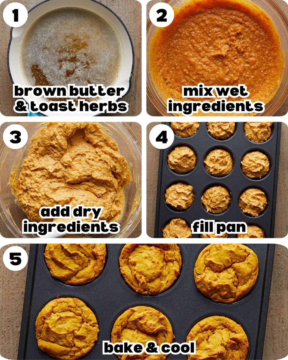 Make a five photo collage showing the steps for savory pumpkin muffins.