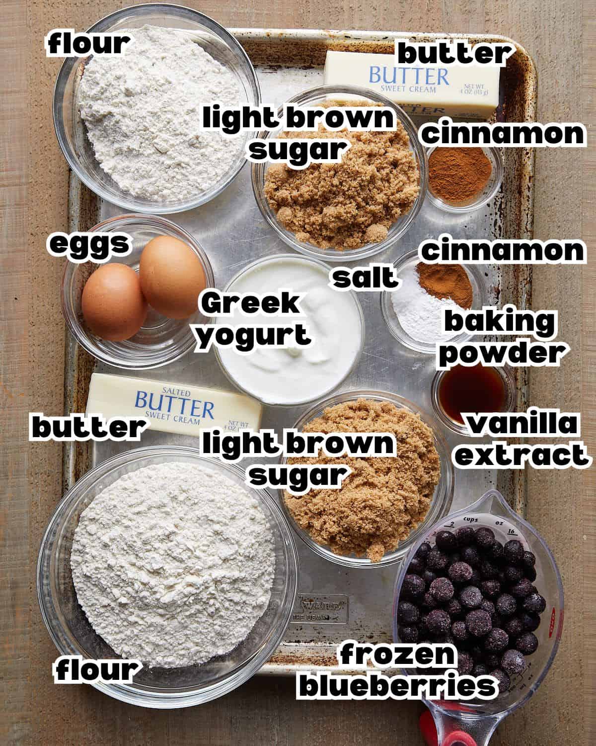 Overhead image of ingredients needed to make blueberry coffee cake. 