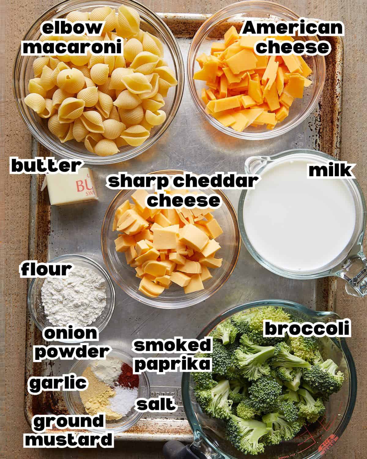 Overhead image of broccoli mac and cheese ingredients.