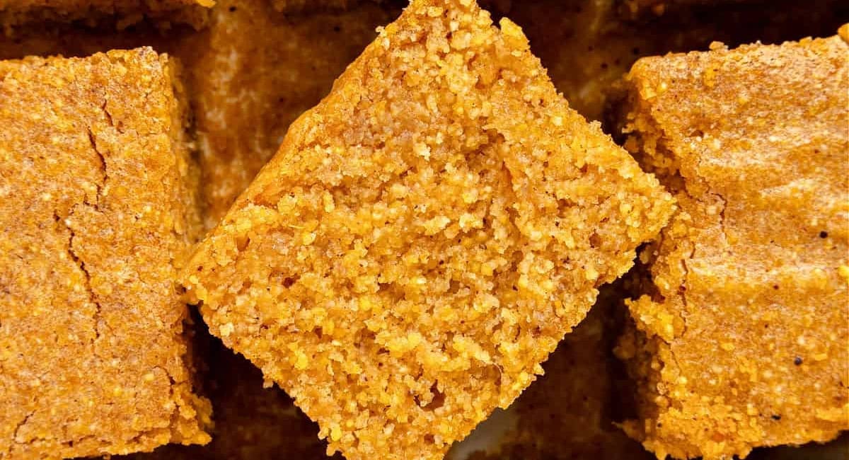 Up close image of sweet potato cornbread. 