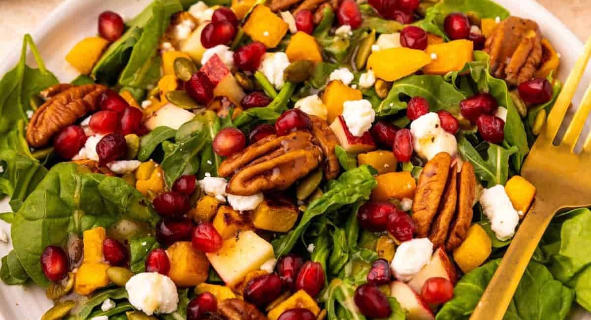 Overhead image of Fall harvest salad with garnish. 