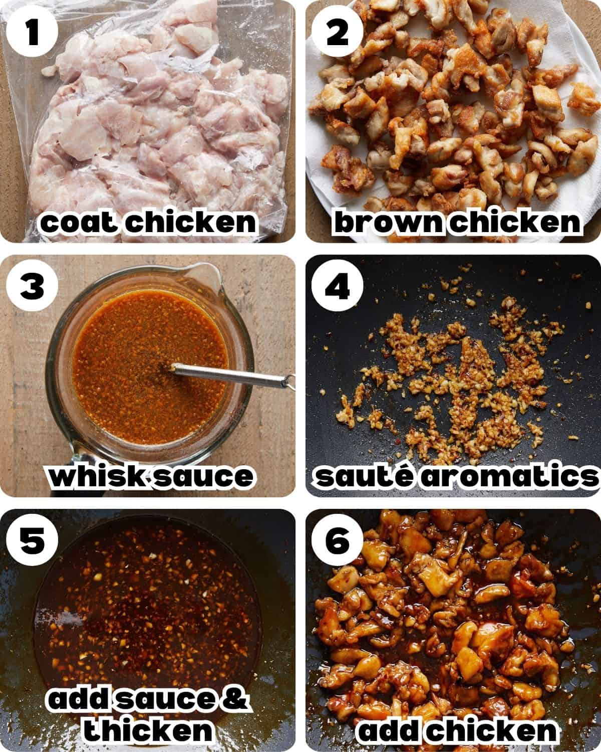 A 6 photo collage showing the steps for easy orange chicken recipe.
