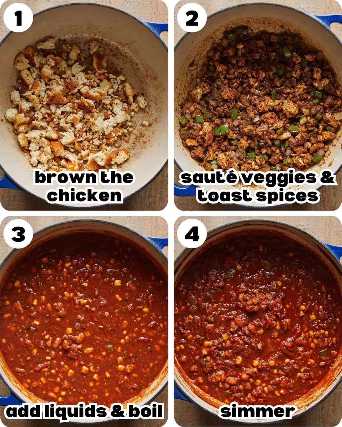 A four photo collage showing the steps for ground chicken chili recipe.