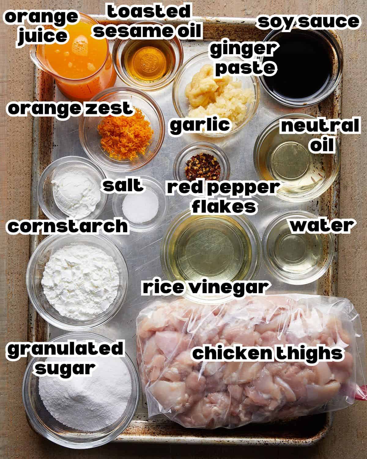 Overhead image of ingredients needed to make easy orange chicken recipe.