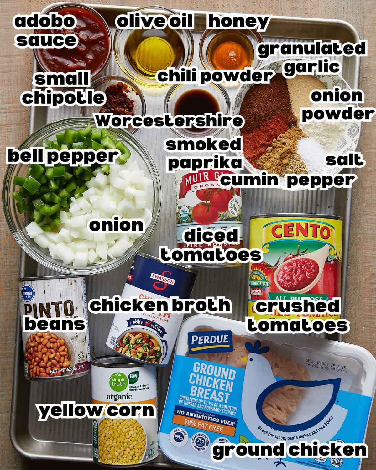 Overhead image of ingredients needed to make ground chicken chili recipe.