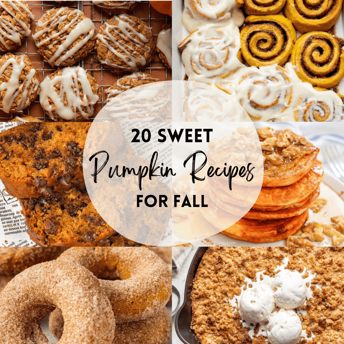 A 6 photo collage showing sweet pumpkin recipes with text overlay that says 20 sweet pumpkin recipes for Fall.