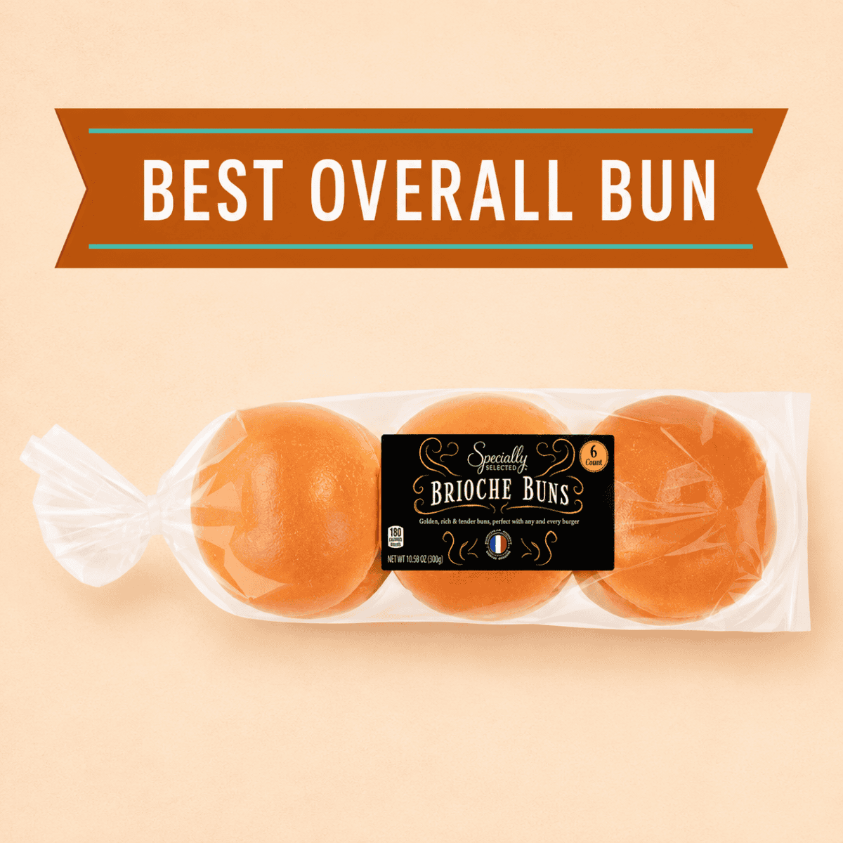 Package of Aldi Specially Selected Brioche Buns labeled as the best overall bun for burgers.