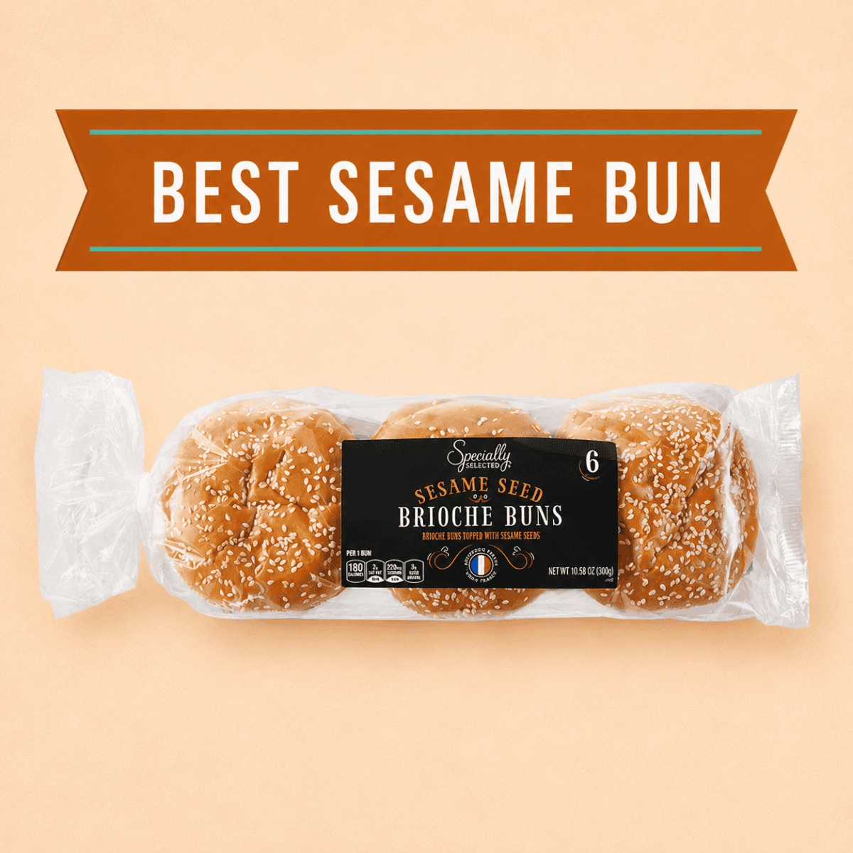 Package of Aldi Specially Selected Sesame Seed Brioche Buns labeled as the best sesame bun for burgers.