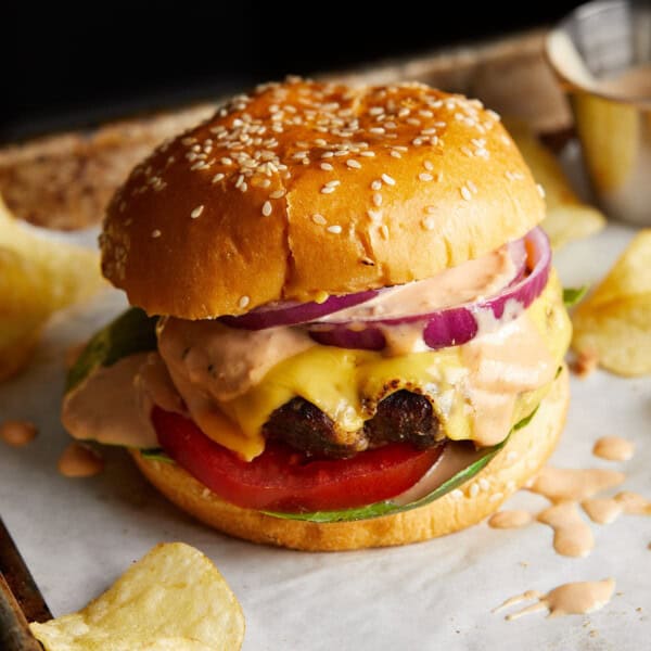 Finished cheeseburger on a sesame bun with lettuce, tomato, and red onion.