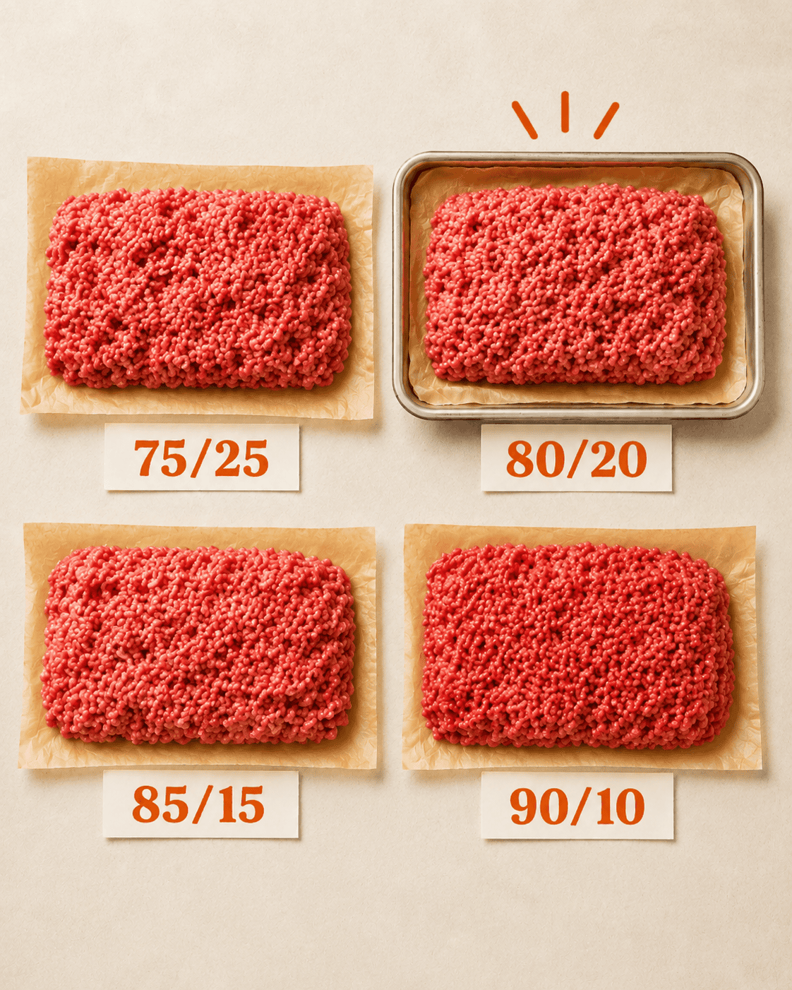 Four portions of raw ground beef labeled 75/25, 80/20, 85/15, and 90/10 to compare fat ratios for burgers.