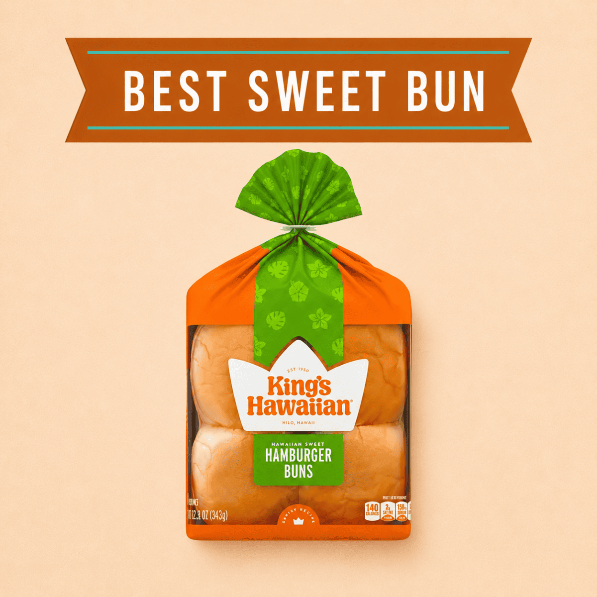 Package of King’s Hawaiian Hamburger Buns labeled as the best sweet bun for burgers.