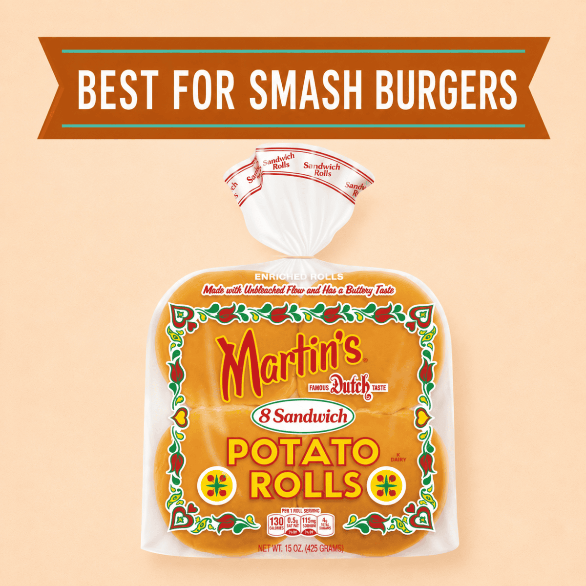 Package of Martin’s Potato Rolls labeled as the best bun for smash burgers.
